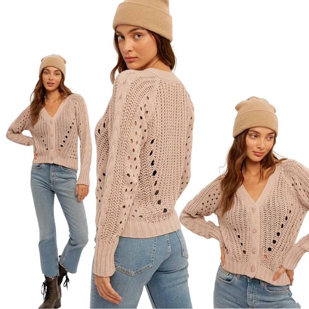 NWT Hem & Thread Pointelle V-Neck Button Down Cropped Cardigan - Picture 7 of 17